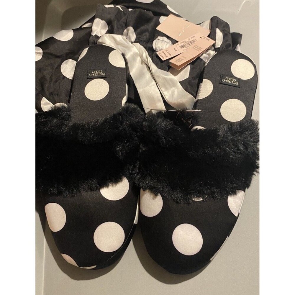 Victoria’s Secret‎ Satin Faux Fur Trim Polka Dot Slippers House Shoes M 6/7